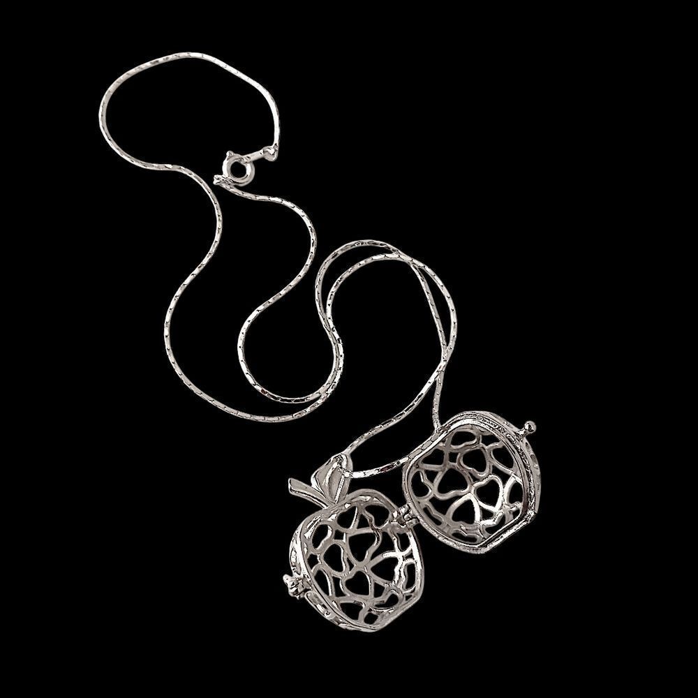 Vintage Apple Pendant Necklace Open Work Filigree Cage Clasp Opens Silver Tone.